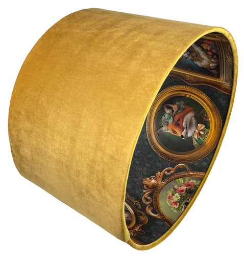 Vintage velvet lampshade featuring fox, cat, tiger, and dog portraits in Victorian attire.