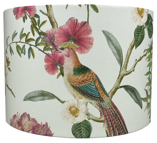 Exotic bird and floral lampshade with botanical design for ceiling and table lamps.