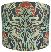 Load image into Gallery viewer, Art Nouveau lampshade in drum style featuring blue, green, and orange floral patterns.