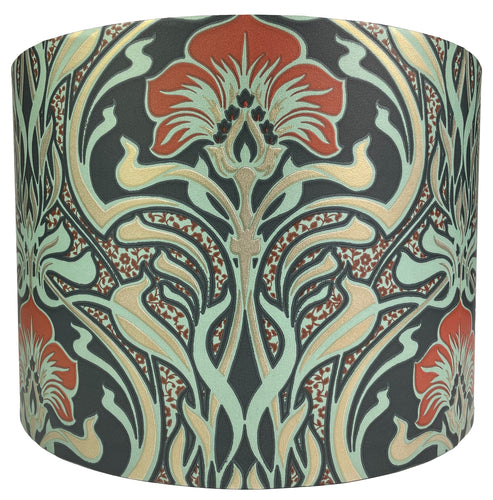 Art Nouveau lampshade in drum style featuring blue, green, and orange floral patterns.