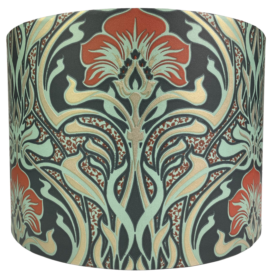 Art Nouveau lampshade in drum style featuring blue, green, and orange floral patterns.