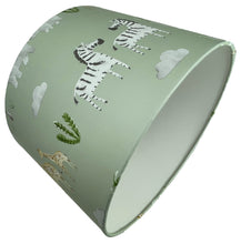 Load image into Gallery viewer, Kids elephant, zebra, and giraffe design on a green safari animal lampshade.