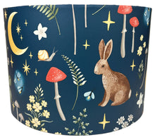 Load image into Gallery viewer, Nursery light shade featuring owls, stars, and moon on navy background.