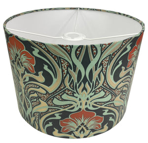 Handcrafted Art Nouveau lampshade available in drum and empire styles with colorful patterns.
