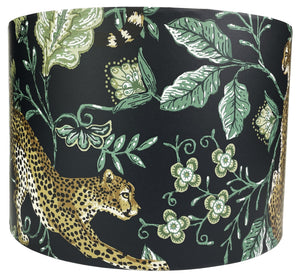 cheetah lampshade showcasing vibrant green florals and dramatic black backdrop.