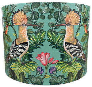 Teal lampshade with exotic bird design for ceiling and table lamps.