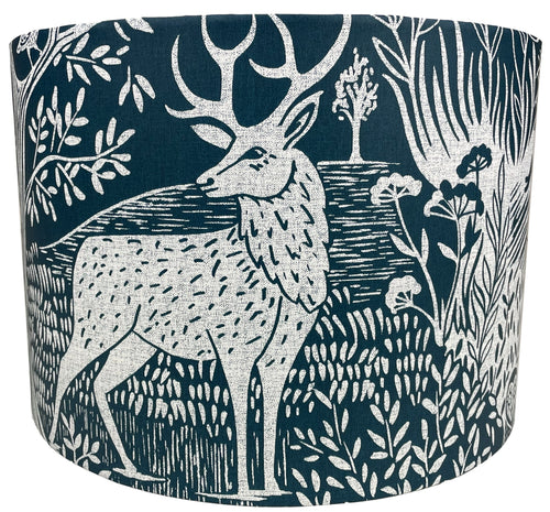 Navy blue stag theme lampshade with hare and woodland design, perfect for table lamps and ceiling lights in home decor.