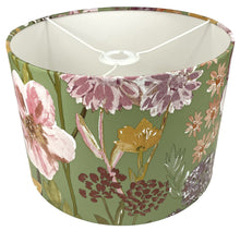 Load image into Gallery viewer, Handcrafted lampshade with wildflower motif in green, pink, and white tones.
