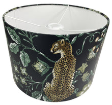 Load image into Gallery viewer, Exotic cheetah lampshade with green floral leaf pattern, perfect for ceiling or table lamps.