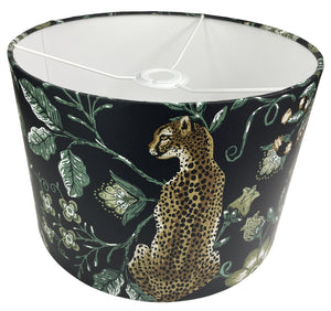 Exotic cheetah lampshade with green floral leaf pattern, perfect for ceiling or table lamps.