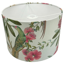 Load image into Gallery viewer, Handcrafted lampshade featuring vibrant birds and lush floral patterns on an antique white background.