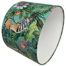 Load image into Gallery viewer, Elegant teal lampshade adorned with colorful tropical bird illustrations.