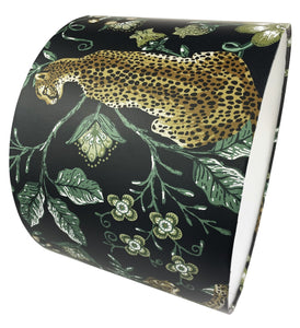Jungle-inspired lampshade featuring cheetah and green florals on a black background.