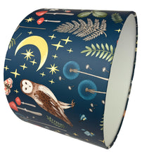 Load image into Gallery viewer, Woodland themed lampshade with owls and forest elements for children&#39;s room.
