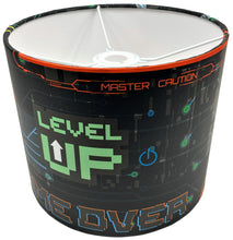 Load image into Gallery viewer, Modern gaming lampshade with &#39;Level Up&#39; motif, designed for kids’ and teens’ rooms or gaming setups.