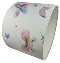Load image into Gallery viewer, Girls lampshade with pastel butterfly and rainbow design on a white background.