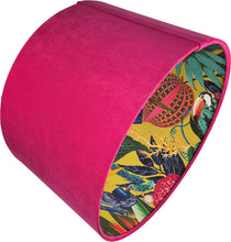Load image into Gallery viewer, hot pink velvet lampshade showcasing vibrant tropical leaves and exotic animals.
