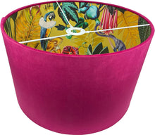 Load image into Gallery viewer, Tropical lampshade in hot pink velvet, featuring whimsical parrot and chameleon illustrations.