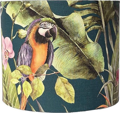 Navy blue lampshade featuring vibrant tropical parrots and palm leaves.