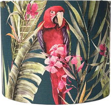 Load image into Gallery viewer, Navy blue lampshade adorned with parrot and palm leaf design for ceiling and table lamps.