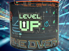 Load image into Gallery viewer, Ceiling and table lamp shade with &#39;Level Up&#39; design, great for enhancing gamer-themed decor.