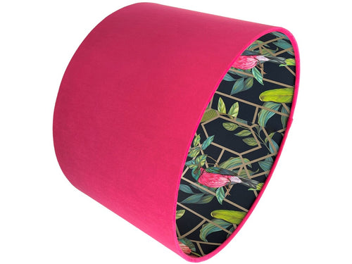 Hot pink velvet lampshade with tropical hummingbird and green leaf design, suitable for ceiling or table lamps.