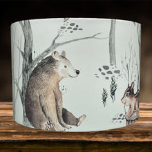 Load image into Gallery viewer, Ceiling light shade with whimsical bear, owl, and chipmunk illustrations for children&#39;s decor.