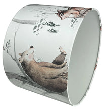 Load image into Gallery viewer, Woodland creature lampshade for nursery, showcasing bear, owl, and chipmunk design.