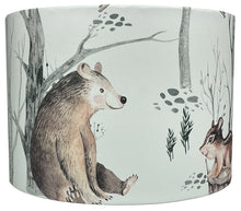 Load image into Gallery viewer, Handcrafted woodland animal lampshade featuring bear, owl, and chipmunk on a white background.