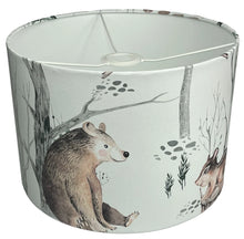 Load image into Gallery viewer, Kids room lampshade with charming bear, owl, and chipmunk nestled among trees.