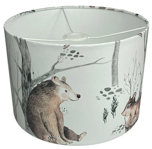 Kids room lampshade with charming bear, owl, and chipmunk nestled among trees.